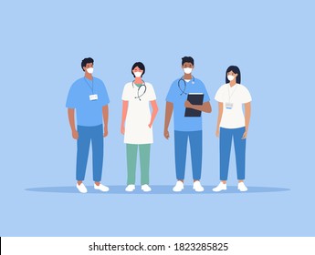 Doctor and nurses with face masks. Medical team. Vector 