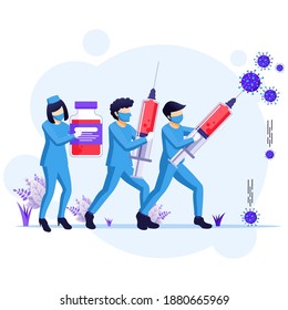 Doctor and nurses fight Covid-19 coronavirus concept, disinfecting virus cells illustration