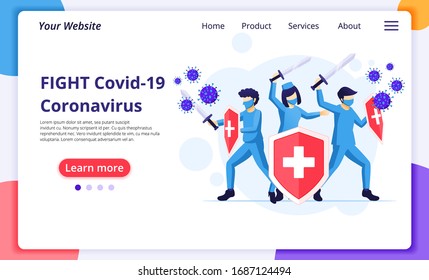 Doctor And Nurses Fighting Covid-19 Corona Virus Concept. Modern Flat Web Landing Page Design Template. Vector Illustration