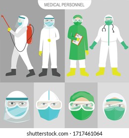 Doctor, Nurses and Medical Personnel's Costumes for Banner and Illustration of Corona Virus, Vector Illustration