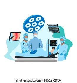 The doctor and nurses perform a caesarean section under epidural anesthesia. Surgery. Obstetrics and gynecology. Thanks to the doctors and nurses. Birth of a child. Vector template illustration.