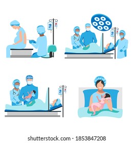 The Doctor And Nurses Perform A Caesarean Section Under Epidural Anesthesia. Surgery. Obstetrics And Gynecology. Thanks To The Doctors And Nurses. Birth Of A Child. Set Of Vector Illustrations Isolate