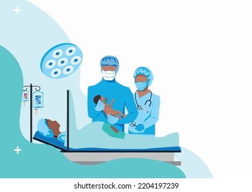 The doctor and nurses perform a caesarean section under epidural anesthesia. Surgery. Obstetrics and gynecology. Thanks to the doctors and nurses. Birth of a child. vector illustrations 