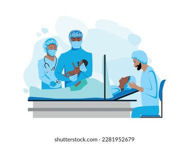 The doctor and nurses perform a caesarean section under epidural anesthesia. Surgery. Obstetrics and gynecology. Thanks to the doctors and nurses. Partner childbirth. Birth of a child. vector illustra