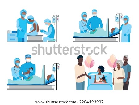 The doctor and nurses perform a caesarean section under epidural anesthesia. Surgery. Obstetrics and gynecology. Thanks to the doctors and nurses. Birth of a child. Set of vector illustrations 