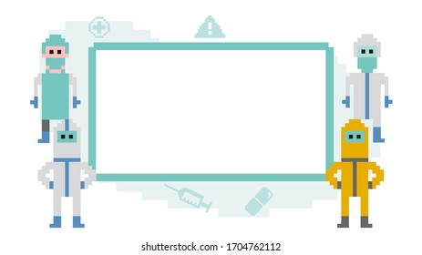 Doctor and nurses with pixel art signboard vector.