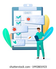 Doctor nutritionist, dietician with diet program clipboard, flat vector illustration. Vegan diet plans, healthy eating concept.