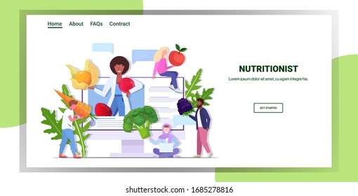 doctor nutritionist explaining to mix race patients properties of fresh vegetables fruits herbs berries healthy lifestyle nutrition online medical consultation concept horizontal copy space vector