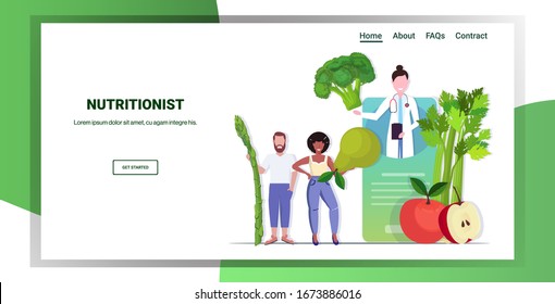 doctor nutritionist explaining to patients properties of fresh vegetables and fruits healthy lifestyle nutrition online medical consultation concept mobile app horizontal copy space full length vector