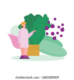 Doctor nutritionist female cartoon character standing at backdrop of green vegetables leaves, flat vector illustration isolated on white background. Emblem for dietician.