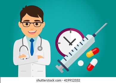 Doctor occupation character health care with medications. Vector illustration.