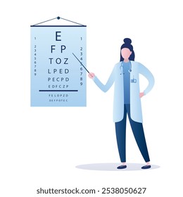 El médico oculista revisa la visión. Gráfico de prueba ocular. Prueba de visión. Examen óptico. Un suspiro sano. Concepto de atención médica. Oftalmóloga de uniforme. Ilustración vectorial de estilo de moda