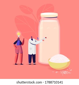 Doctor Offer to Patient Character Dairy Free Milk Substitute Drink made of Rice for Healthy Eating and Dieting. Alternative Vegetable Beverages, Vegan Nourishment. Cartoon People Vector Illustration