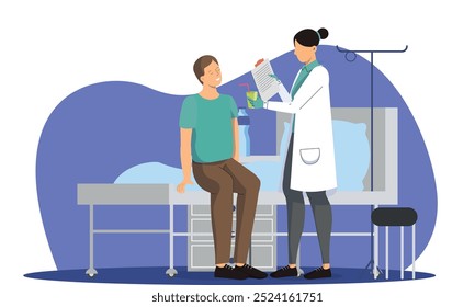 Médico que oferece bebida ao paciente que toma bebidas saudáveis com base na avaliação médica e na prescrição mantendo o controle da dieta do plano de cuidados no médico.