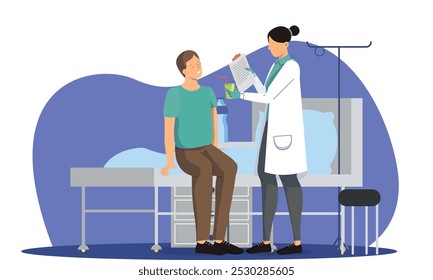 Médico que oferece bebida ao paciente que toma bebidas saudáveis com base na avaliação médica e na prescrição mantendo o controle da dieta do plano de cuidados no médico.