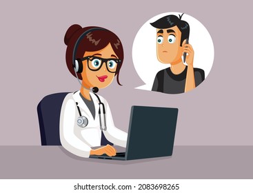 Doctor Offering Medical Assistance Over the Phone Vector Illustration. Medic consulting via mobile phone giving emergency medical advice
