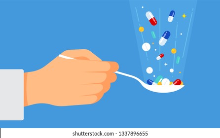 The doctor offers pills for treatment: a tablespoon in hand, various pills and drops fall into a spoon. The concept of life on the tablets. Vector illustration for cover, blog, poster or banner.