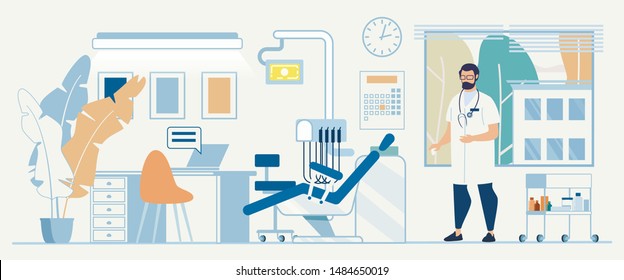 Doctor Office Cartoon Interior Illustration. Modern Dentist or Gynecologist Equipped Room. Patient Examination Chair, Tools, Laptop. Practitioner Male Character in Uniform. Vector Flat Illustration