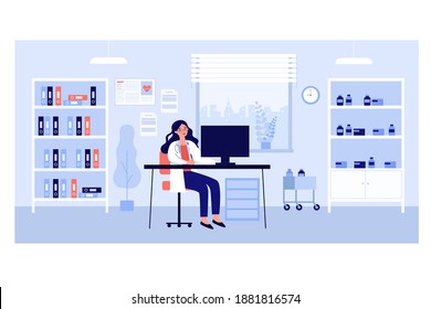 Doctor office in clinic. Female physician sitting at desk in room with remedies an folders. Vector illustration for medicine, hospital interior, examination concepts