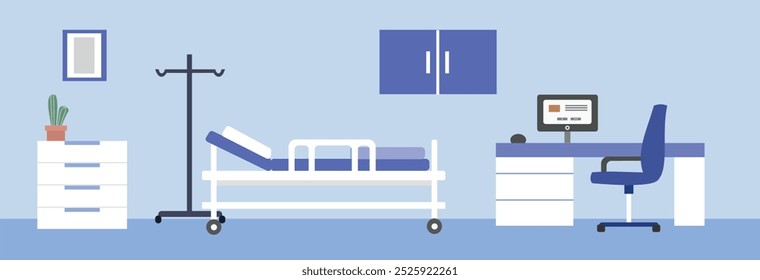 Doctor office design illustration. Medical consultation room. Clinic room. Hospital room. Hospital room interior. Hospital facility. Modern medical clinic. Medical center. Healthcare center.