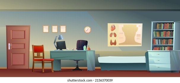 Doctor Office In Evening Time. Work Desk With Armchair And PC Computer. Couch And Chair For Patients. Medical Poster And Drugs. Soft Light. Work In Evenings. Cartoon Funny Style Illustration. Vector.