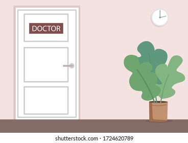 Doctor Office Flat Color Vector Illustration. Medical Clinic Hallway 2D Cartoon Interior With Closed Door On Background. Empty Hospital Corridor. Physician Workplace. Professional Medical Service