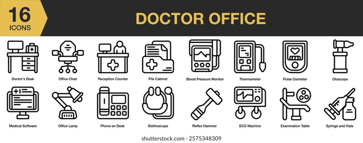 Doctor Office icon set. Includes doctor, health, care, hospital, clinic, office, and More. Outline icons vector collection.
