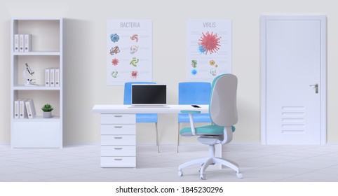 Doctor Office Interior. Realistic 3D Empty Clinic Cabinet With Work Desk, Computer, Room Furniture And Medical Posters On Wall. Physician Consultation Workspace, Vector Health Care Illustration