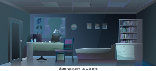 Doctor office in nighttime. Work desk with armchair and PC computer. Couch and chair for patients. Medical poster and drugs. Cartoon funny style illustration. Vector.