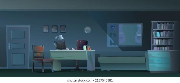 Doctor Office In Nighttime. Work Desk With Armchair And PC Computer. Couch And Chair For Patients. Medical Poster And Drugs. Cartoon Funny Style Illustration. Vector.