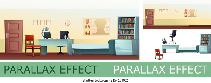 Doctor Office With Parallax Effect. Work Desk With Armchair And PC Computer. Couch And Chair For Patients. Medical Poster And Drugs. Cartoon Funny Style Horizontal Illustration. Vector