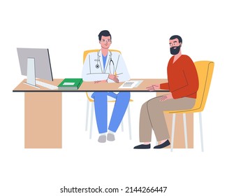 Doctor In The Office With A Patient. An Adult Man At The Reception Of A Medical Specialist. Flat Vector Illustration. Eps10