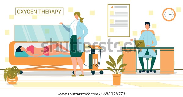 Doctor Office with Patient Having Oxygen\
Therapy, Nurse Closing Chamber Door. Breathing with Gas. Woman in\
Hyperbaric Chamber Curing Problem with Lung Flat Cartoon Vector\
Illustration.