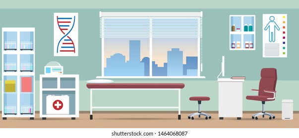 Doctor Office Room. Vector Empty Doctors Clinic Office Offices Background Image, First Aid Hospital Business Cartoon Illustration