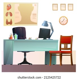 Doctor office. Work desk with armchair and PC computer. Isolated on white background. Couch and chair for patients. Medical poster and drugs. Cartoon funny style illustration. Vector.