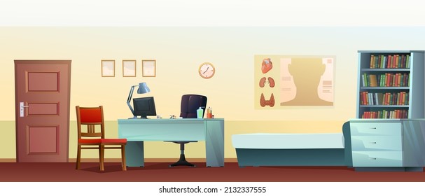 Doctor office. Work desk with armchair and PC computer. Couch and chair for patients. Medical poster and drugs. Cartoon funny style Horizontal illustration. Vector.