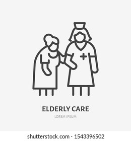 Doctor with old patient flat line icon. Nurse helping grandmother walk vector illustration. Thin sign of elderly care hospital.