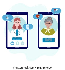 Doctor with old patient meet online. Online healthcare for Senior. Mobile appointment woman with doctor for check up, diagnose and pills. Tele medicine for disability person.