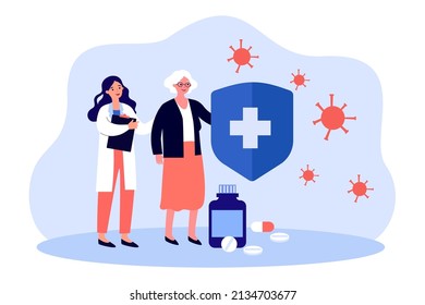 Doctor and old patient protecting health against germs. Tiny women with medical shield and pills flat vector illustration. Immunology, safety concept for banner, website design or landing web page