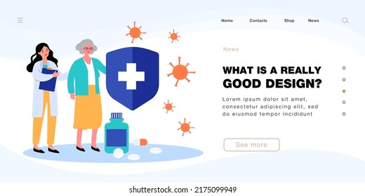 Doctor And Old Patient Protecting Health Against Germs. Tiny Women With Medical Shield And Pills Flat Vector Illustration. Immunology, Safety Concept For Banner, Website Design Or Landing Web Page