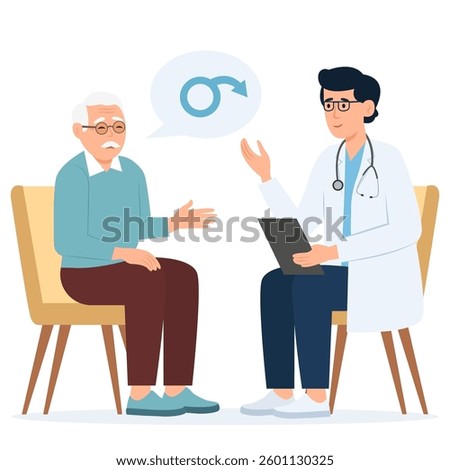 Doctor and old patient.Erectile dysfunction, prostatitis. Problems with potency,infertility. Stock vector set illustration.