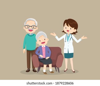 Doctor and older patient sitting on the sofa. Senior People On Consultation With Doctor, Pensioners In Hospital Health Care Concept. Doctor with elderly patients.