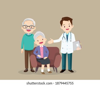 Doctor and older patient sitting on the sofa. Senior People On Consultation With Doctor, Pensioners In Hospital Health Care Concept. Doctor with elderly patients.