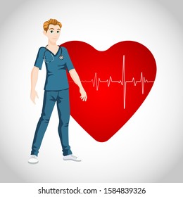 Doctor on the background of the heart with a pulse. The concept of health.