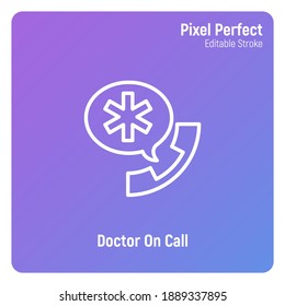 Doctor on call, emergency service, medical support. Thin line icon. Pixel perfect, editable stroke. Vector illustration.