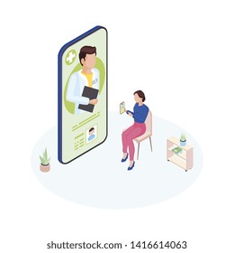 Doctor on call service isometric illustration. General practitioner consulting mother online. Remote pediatrician advice. Cartoon woman explaining child symptoms, complaints via video conference