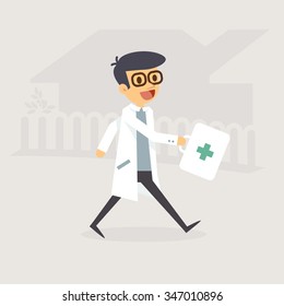 Doctor On Call walking to the patient home. Medical concept illustration.