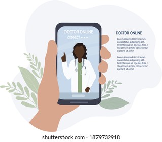 The doctor on the cell phone screen talks online with the patient. Video communication and messages. Medical consultations, exams and treatment services concept. Health care conference online. for clinic website, app. Flat Vector