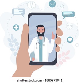 The doctor on the cell phone screen talks online with the patient. Video communication and messages.  Medical consultations, exams, treatment, services, health care, conferences online. for clinic web