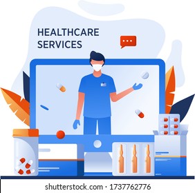 Doctor on computer screen talking with patient video call. Web app for online consultation with therapist. Aids, tele medicine infographic. Online pharmacy order from drugstore. Healthcare services